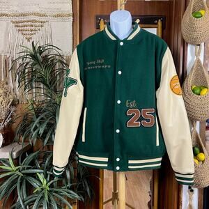 Zara Crystal Clear Varsity Jacket XL Green Cream Faux Leather Cactus Embroidered